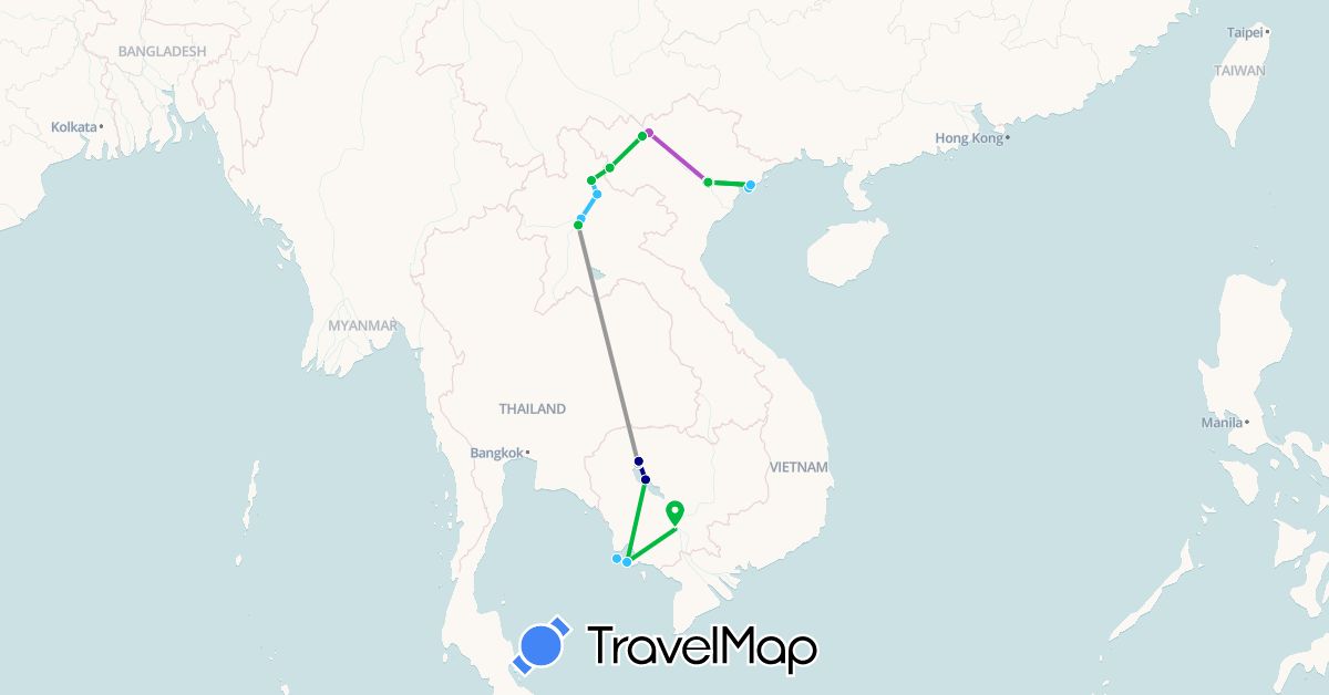 TravelMap itinerary: driving, bus, plane, train, boat in Cambodia, Laos, Vietnam (Asia)